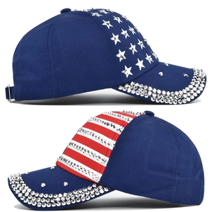 Detail of USA flag baseball cap featuring silver star studs and rhinestones decoration