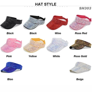 Matrix display of rhinestone open top baseball caps in ten vibrant colors for women