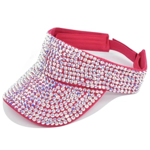 Fashionable rose red open top sun hat with sparkling rainbow rhinestones and adjustable strap