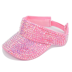 Detail of pink visor cap with iridescent AB rhinestones and adjustable strap closure