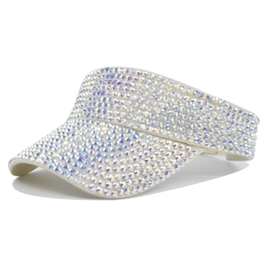 Detailed view of white open-top visor hat with sparkling AB rainbow rhinestones