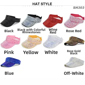 Macro display of assorted colors of sparkly rhinestones on baseball sun visor hats
