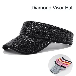 Fashionable black open-top visor hat with sparkling rhinestones in various colors