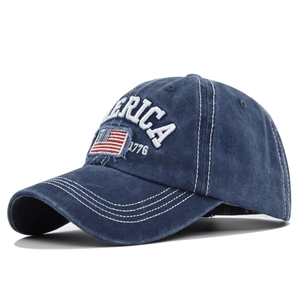 Cappellino baseball vintage denim blu scuro con ricamo AMERICA 1776 e bandiera americana