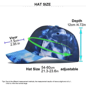 Size chart for tie-dye baseball cap showing adjustable circumference 54-60cm and visor length