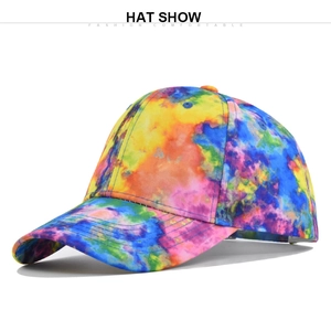 Detail view of a vibrant multi-color tie-dye baseball cap with curved brim and air vents