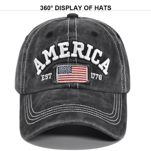 Dettaglio del ricamo AMERICA e della toppa USA su cappello da baseball vintage lavato