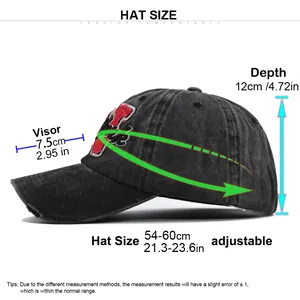Detailed size guide for distressed cotton baseball cap showing adjustable head circumference