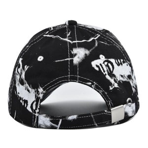 Close-up of the adjustable metal buckle and tie-dye pattern on back of baseball cap