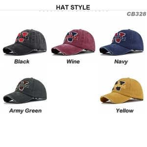 Detail of vintage washed baseball caps in five colors with New York embroidery