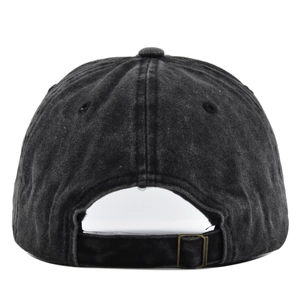 Rear view of vintage washed cotton baseball cap with adjustable bronze metal buckle