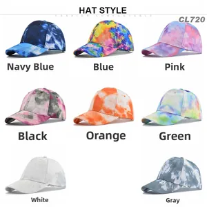 Tie-dye baseball caps in eight vibrant color patterns on a clean white background
