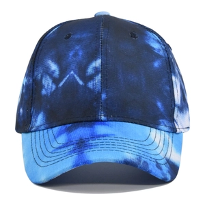 Unisex tie-dye baseball cap in blue and white gradient canvas with a six-panel structure