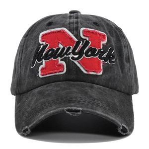 Vintage washed dark grey cotton baseball cap with New York embroidery and distressed brim