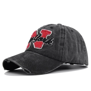 Vintage dark gray washed cotton baseball cap with red N and New York embroidery details