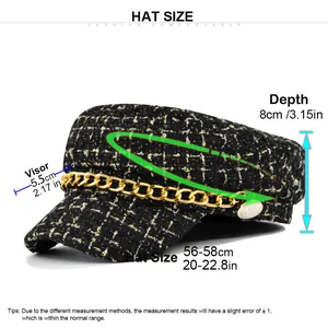 Size guide for the plaid tweed newsboy hat featuring head circumference and visor depth