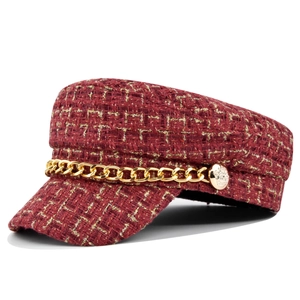 Fashionable dark red tweed baker boy hat with gold chain detail and vintage button