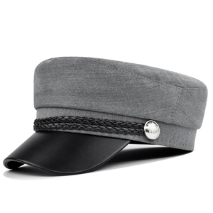 Women Retro Sailor Cap Cotton Fiddler Hat With PU Leather Visor Braided Rope Metal Button Fashion Newsboy Baker Boy Hat
