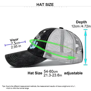 Size chart showing 7.5cm visor and 54-60cm adjustable circumference of the baseball cap