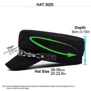 Detailed size chart for black sailor cap showing circumference, depth, and visor measurements