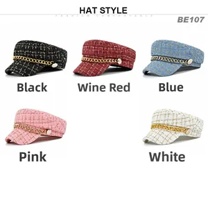 Plaid tweed newsboy caps in five colors with gold chain trim and side metal button detail