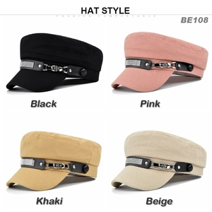 Cadet caps in four colors featuring rhinestone studded leather bands and metal buckles