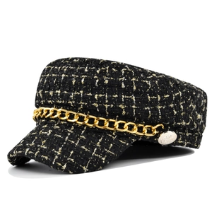 Vintage Rough Tweed Newsboy Hat For Women Gold Metal Chain Decor Winter Warm Baker Boy Beret French Elegant Flat Top Cap