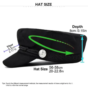 Size chart for wool navy cap showing head circumference, visor length, and hat depth
