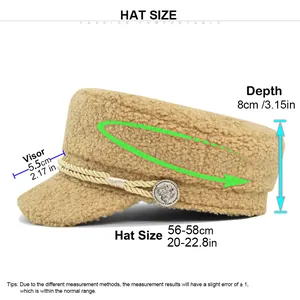 Size chart for lamb wool baker boy hat showing 56-58cm head circumference measurements