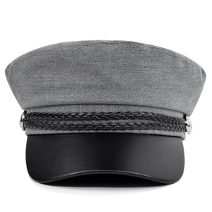 Retro grey sailor cap with black faux leather brim and metallic buckle for women