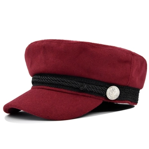 Burgundy wool blend sailor cap for women with nautical anchor button and braided rope detail