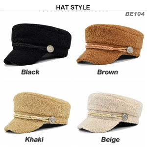 Detail view of lamb wool baker boy hats in black, brown, khaki and beige colors