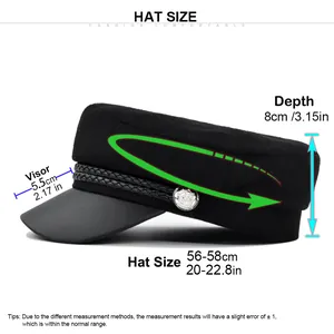 Size chart for wool newsboy cap showing visor depth and hat circumference measurements