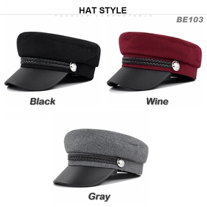 Retro baker boy hats in black, wine, and gray with metallic buttons and rope detail