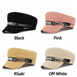 Fashionable flat top cadet hat with rhinestone buckle in black pink khaki and beige colors