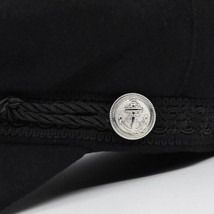 Women's black wool baker boy hat with nautical anchor metal button and braided cord