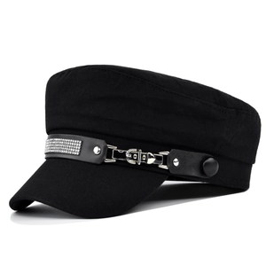 Women Fashion Rhinestone Navy Cap Cotton Flat Top Military Beret Hat With Buckle Leather Belt Decor For Autumn Winter