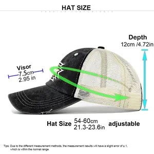Size guide for ponytail baseball cap with 54-60cm circumference and 7.5cm visor