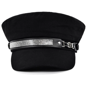 Fashionable black military style flat top cap with rhinestone buckle for women
