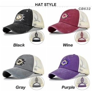 Detail of four distressed ponytail baseball hats in black, wine, gray and purple colors