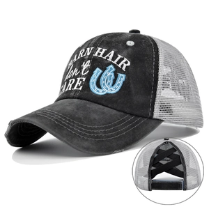 Casquette de Baseball Femme Distressed Queue de Cheval Coton Lavé Dos en Maille Criss Cross High Messy Bun Vintage Trucker