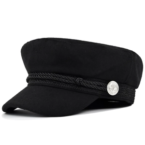 Women's Vintage Cotton Woolen Navy Hat Retro Baker Boy Cap With Braided Rope Silver Anchor Buckle Flat Top Beret For Winter