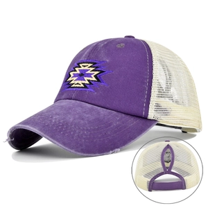 Distressed purple mesh trucker hat featuring high ponytail hole and geometric embroidery