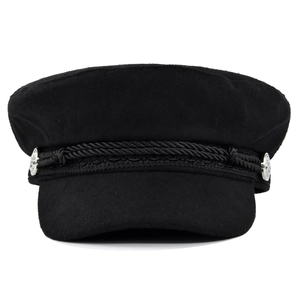 Classic black wool baker boy hat featuring braided rope and silver vintage metal buttons