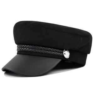 Vintage Woolen Navy Hat Newsboy Cap With Leather Brim And Metal Button Fashion Flat Top Beret For Women Winter Warm Hat