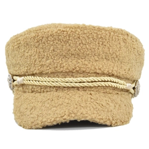 Chic khaki faux shearling baker boy hat for women with braided rope and metal buttons