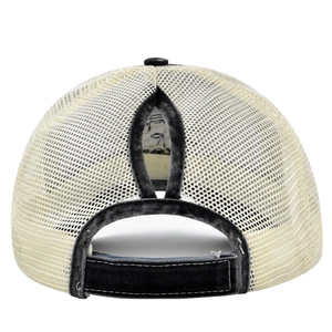 Detail view of water-drop ponytail hole and velcro closure on washed mesh trucker cap
