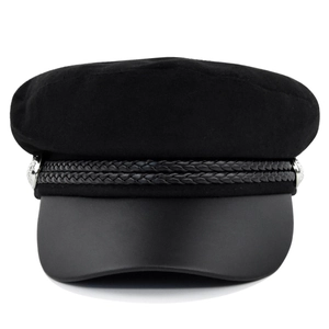 Classic black wool newsboy cap with leather brim and metallic button accents
