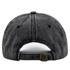 Detailed back view of vintage washed cotton baseball cap with adjustable metal buckle