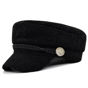 Women's black teddy wool navy baker boy hat with braided rope and silver metal button